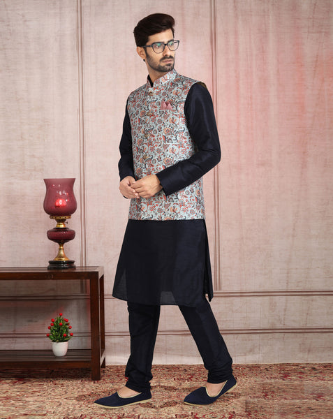 Blue Art Silk Readymade Men Kurta Chruidar Set With Banarasi Silk Jacket
