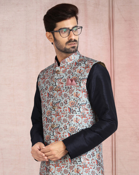 Blue Art Silk Readymade Men Kurta Chruidar Set With Banarasi Silk Jacket