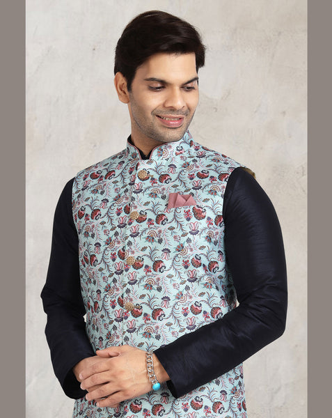Blue Art Silk Readymade Men Kurta Chruidar Set With Banarasi Silk Jacket