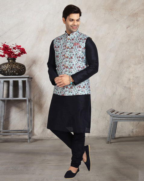 Blue Art Silk Readymade Men Kurta Chruidar Set With Banarasi Silk Jacket
