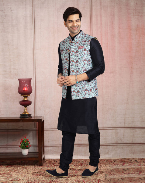 Blue Art Silk Readymade Men Kurta Chruidar Set With Banarasi Silk Jacket
