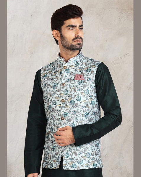 Black Art Silk Readymade Men Kurta Chruidar Set With Banarasi Silk Jacket