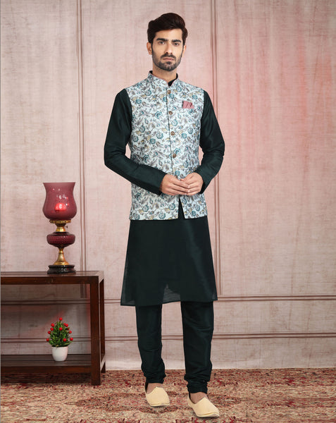 Black Art Silk Readymade Men Kurta Chruidar Set With Banarasi Silk Jacket