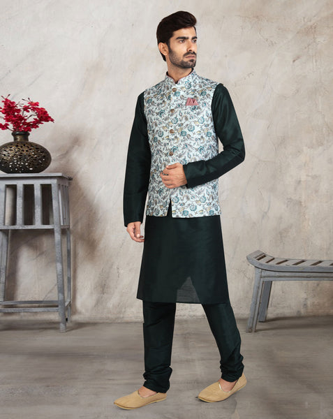 Black Art Silk Readymade Men Kurta Chruidar Set With Banarasi Silk Jacket