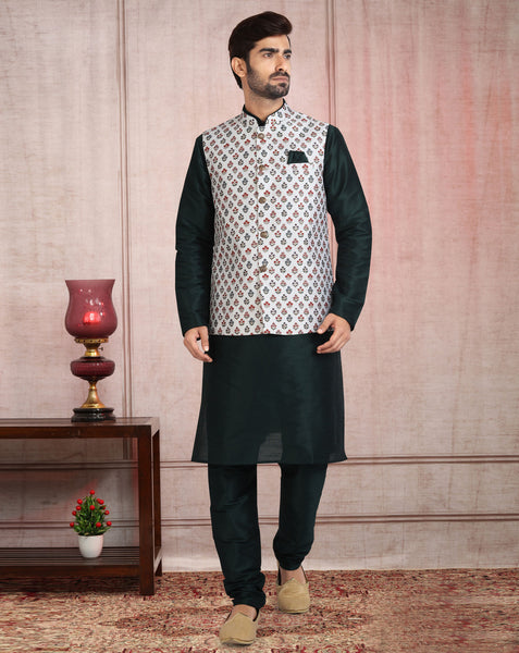Black Art Silk Readymade Men Kurta Chruidar Set With Banarasi Silk Jacket