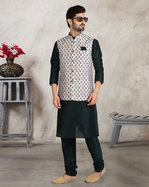 Black Art Silk Readymade Men Kurta Chruidar Set With Banarasi Silk Jacket
