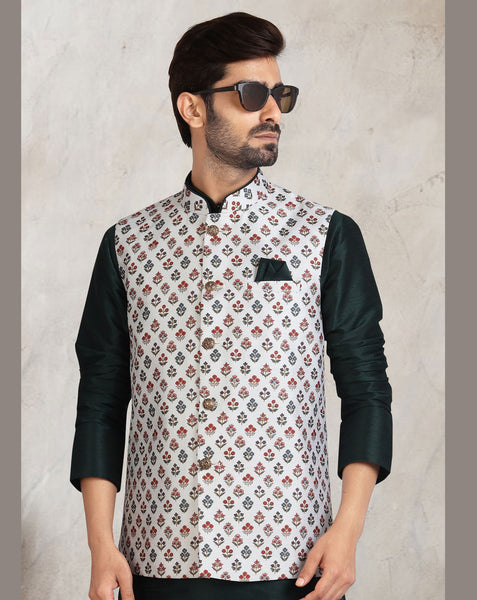 Black Art Silk Readymade Men Kurta Chruidar Set With Banarasi Silk Jacket