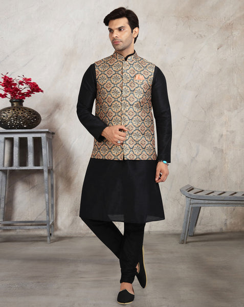 Black Art Silk Readymade Men Kurta Chruidar Set With Banarasi Silk Jacket
