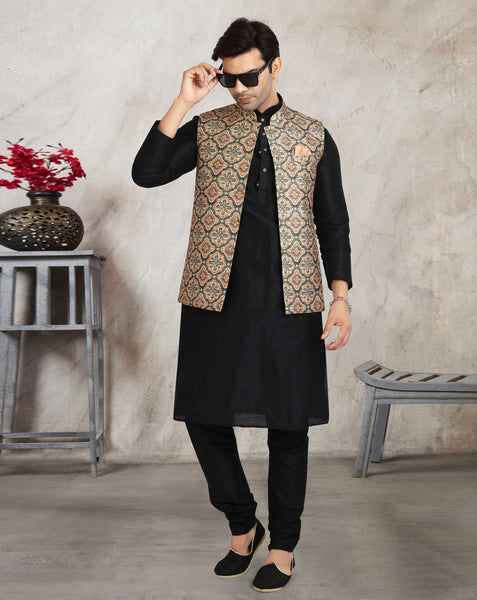 Black Art Silk Readymade Men Kurta Chruidar Set With Banarasi Silk Jacket