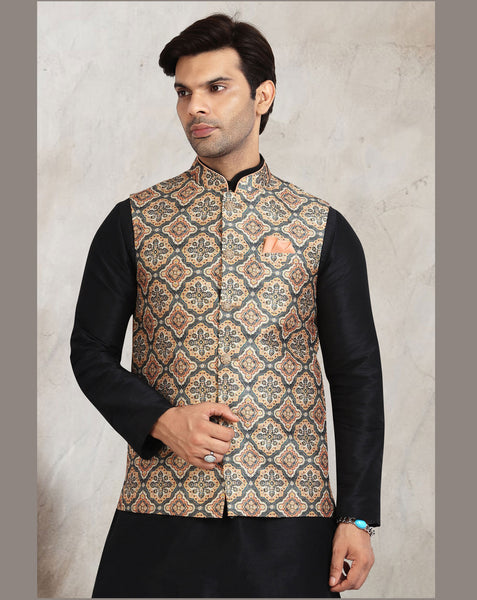 Black Art Silk Readymade Men Kurta Chruidar Set With Banarasi Silk Jacket