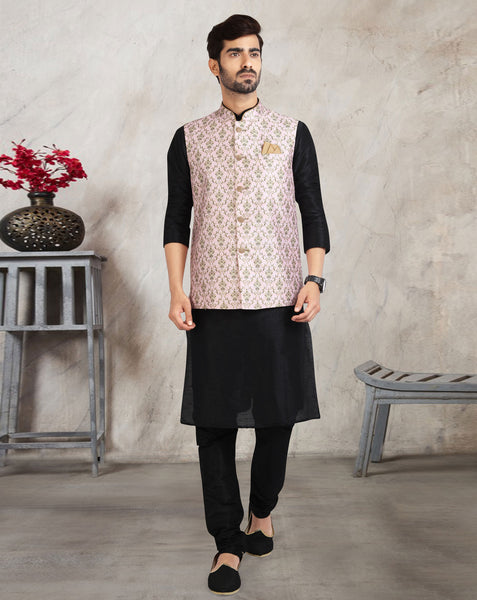 Black Art Silk Readymade Men Kurta Chruidar Set With Banarasi Silk Jacket