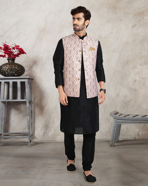 Black Art Silk Readymade Men Kurta Chruidar Set With Banarasi Silk Jacket