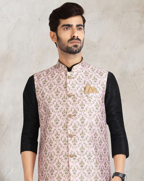 Black Art Silk Readymade Men Kurta Chruidar Set With Banarasi Silk Jacket