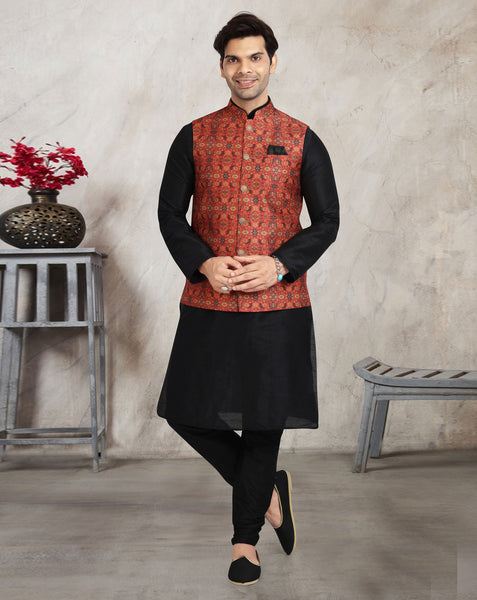 Black Art Silk Readymade Men Kurta Chruidar Set With Banarasi Silk Jacket