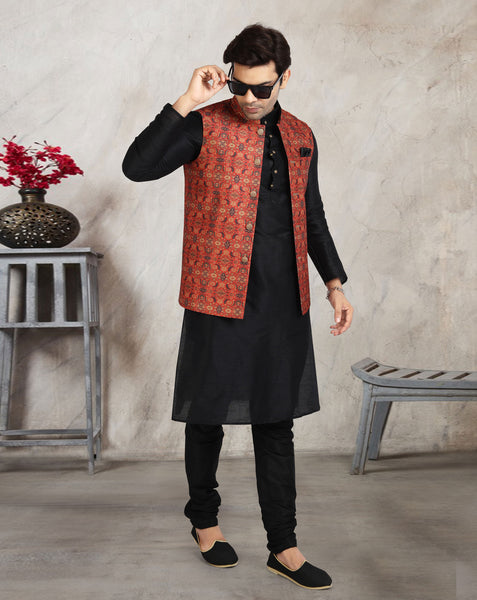 Black Art Silk Readymade Men Kurta Chruidar Set With Banarasi Silk Jacket