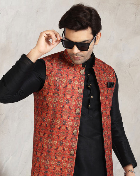 Black Art Silk Readymade Men Kurta Chruidar Set With Banarasi Silk Jacket