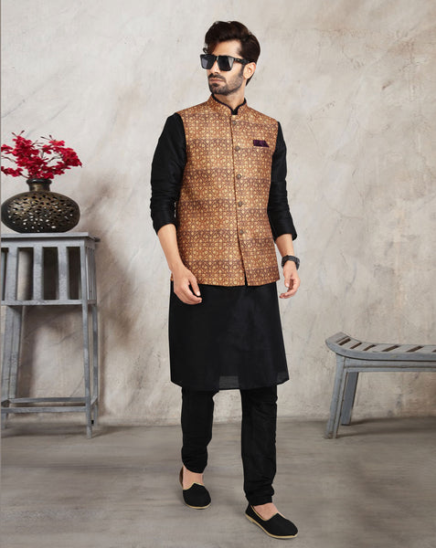 Black Art Silk Readymade Men Kurta Chruidar Set With Banarasi Silk Jacket