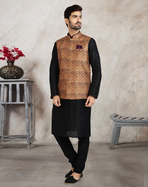 Black Art Silk Readymade Men Kurta Chruidar Set With Banarasi Silk Jacket