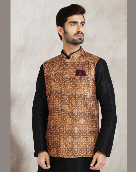 Black Art Silk Readymade Men Kurta Chruidar Set With Banarasi Silk Jacket