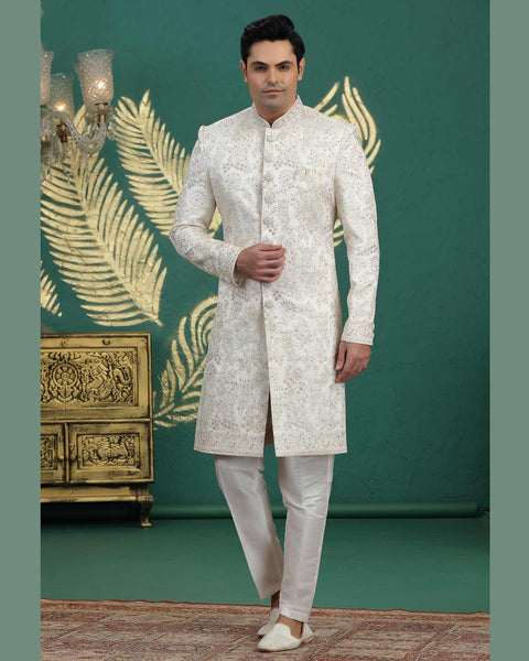 Cream Art Silk Groom Sherwani With Aligadi Pant For Men