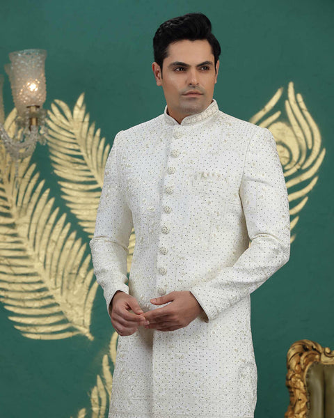 Cream Art Silk Groom Sherwani With Off White Aligadi Pant For Men