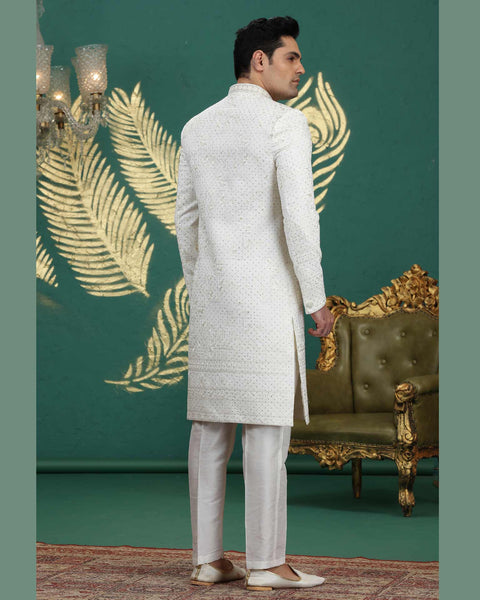 Cream Art Silk Groom Sherwani With Off White Aligadi Pant For Men