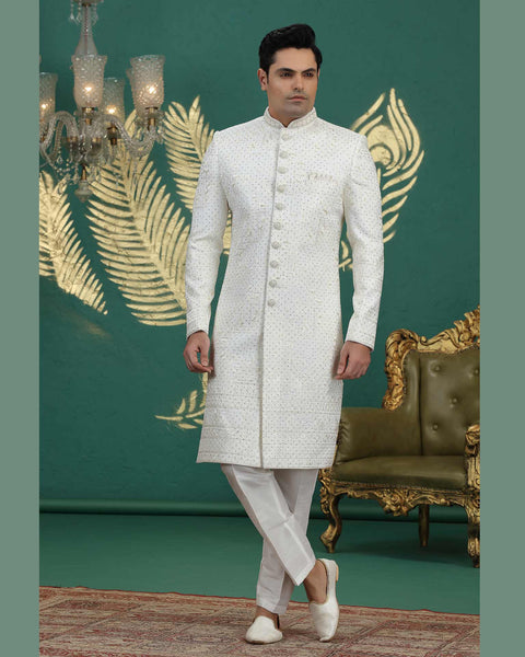Cream Art Silk Groom Sherwani With Off White Aligadi Pant For Men