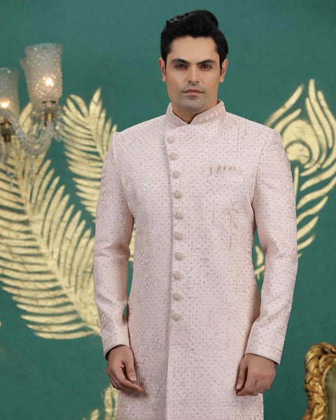 Peach Art Silk Groom Sherwani With Aligadi Pant For Men
