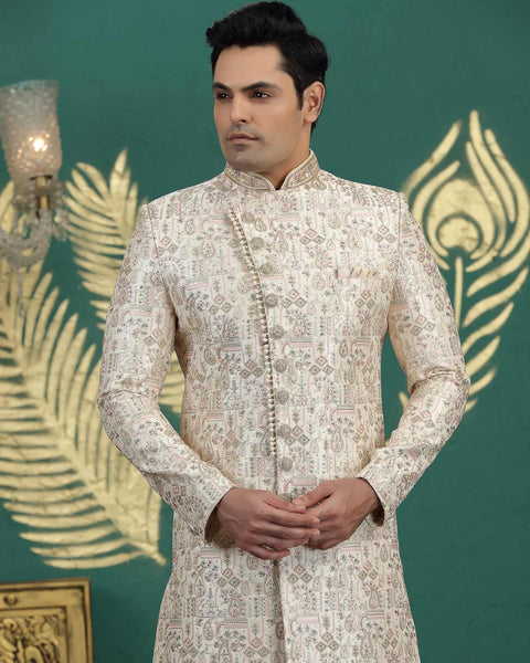 Cream Art Silk Groom Sherwani With Aligadi Pant For Men