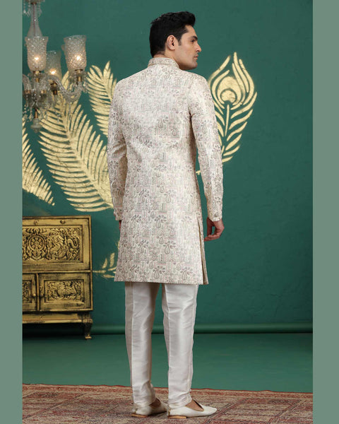 Cream Art Silk Groom Sherwani With Aligadi Pant For Men