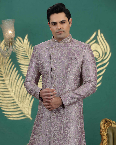 Onion Art Silk Groom Sherwani With Off White Aligadi Pant For Men
