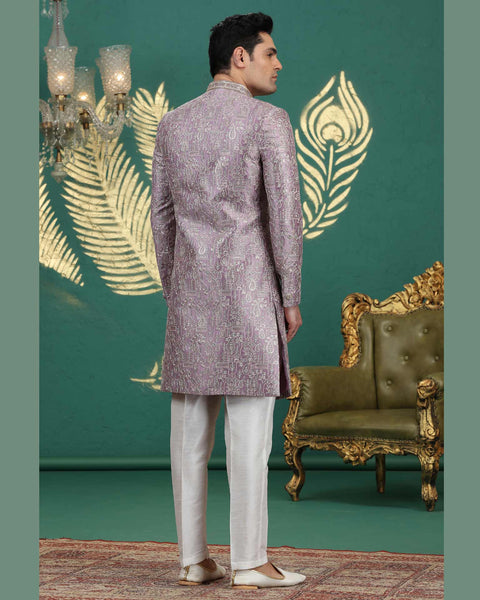 Onion Art Silk Groom Sherwani With Off White Aligadi Pant For Men
