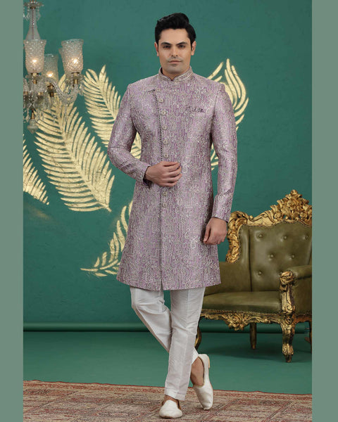 Onion Art Silk Groom Sherwani With Off White Aligadi Pant For Men