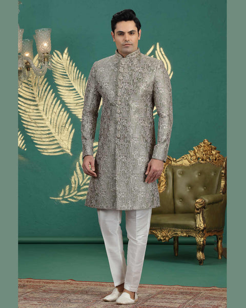Green Art Silk Groom Sherwani With Off White Aligadi Pant For Men