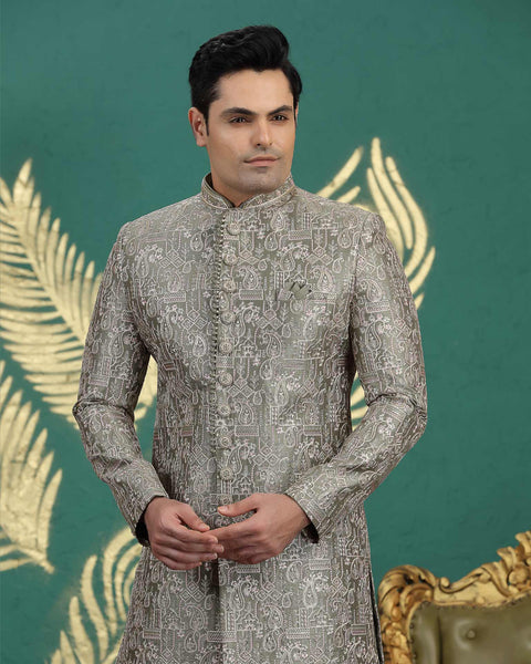 Green Art Silk Groom Sherwani With Off White Aligadi Pant For Men