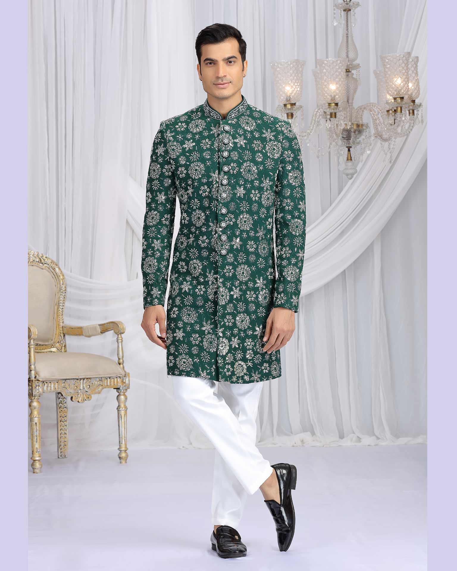 Green & Off White Art Silk Groom Sherwani Set For Men