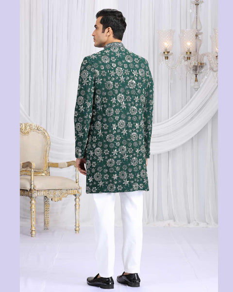 Green & Off White Art Silk Groom Sherwani Set For Men