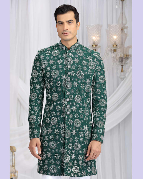 Green & Off White Art Silk Groom Sherwani Set For Men
