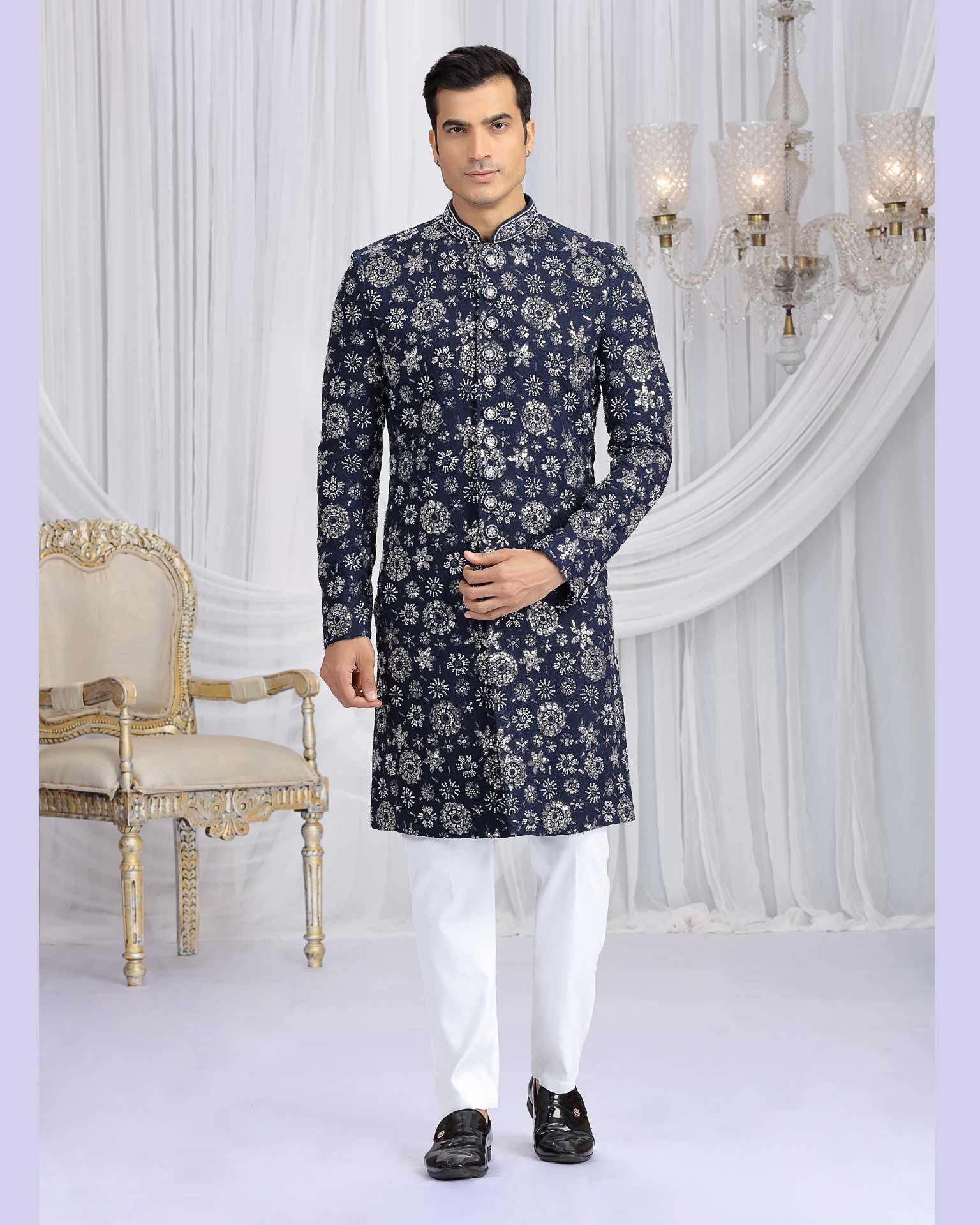 Blue & Off White Art Silk Groom Sherwani Set For Men