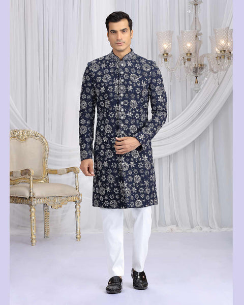 Blue & Off White Art Silk Groom Sherwani Set For Men