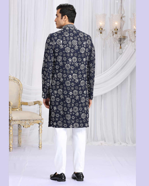 Blue & Off White Art Silk Groom Sherwani Set For Men