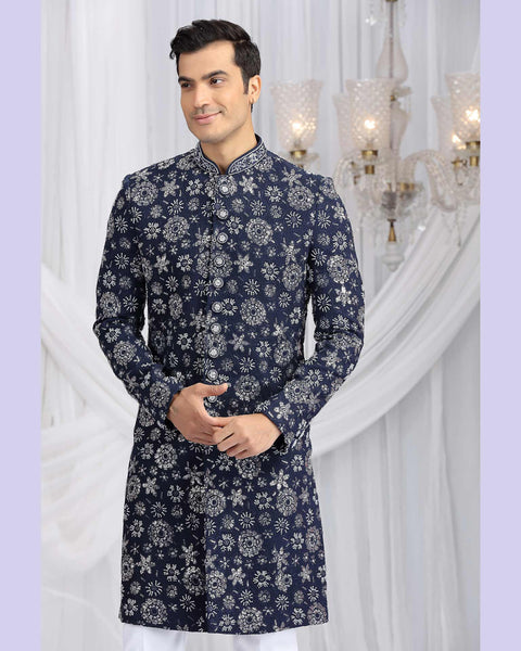 Blue & Off White Art Silk Groom Sherwani Set For Men
