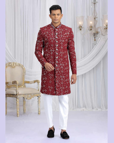 Maroon & Off White Art Silk Groom Sherwani Set For Men