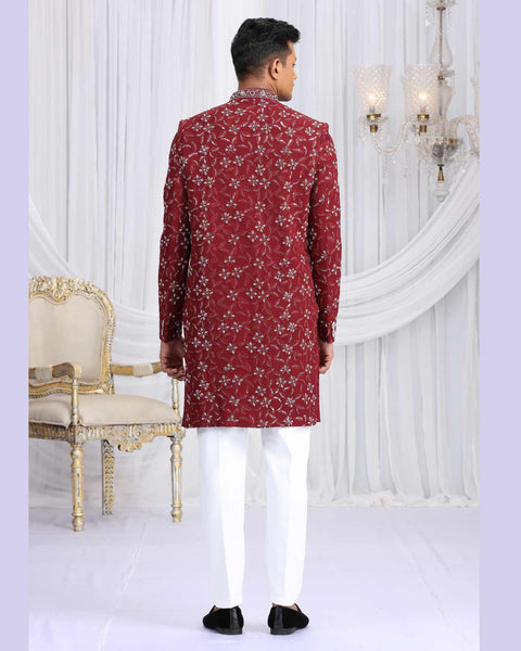 Maroon & Off White Art Silk Groom Sherwani Set For Men