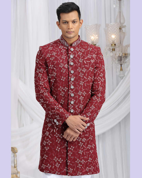 Maroon & Off White Art Silk Groom Sherwani Set For Men
