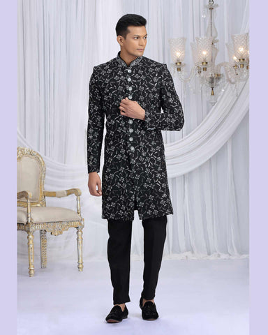 Black Art Silk Groom Sherwani Set For Men