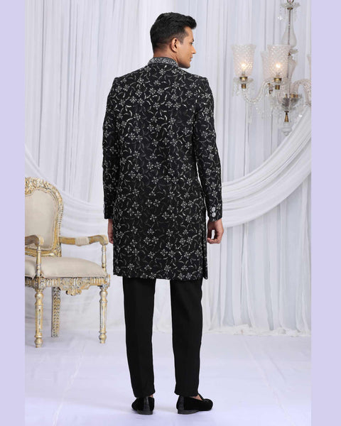 Black Art Silk Groom Sherwani Set For Men