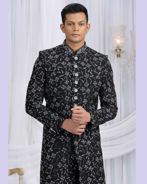 Black Art Silk Groom Sherwani Set For Men