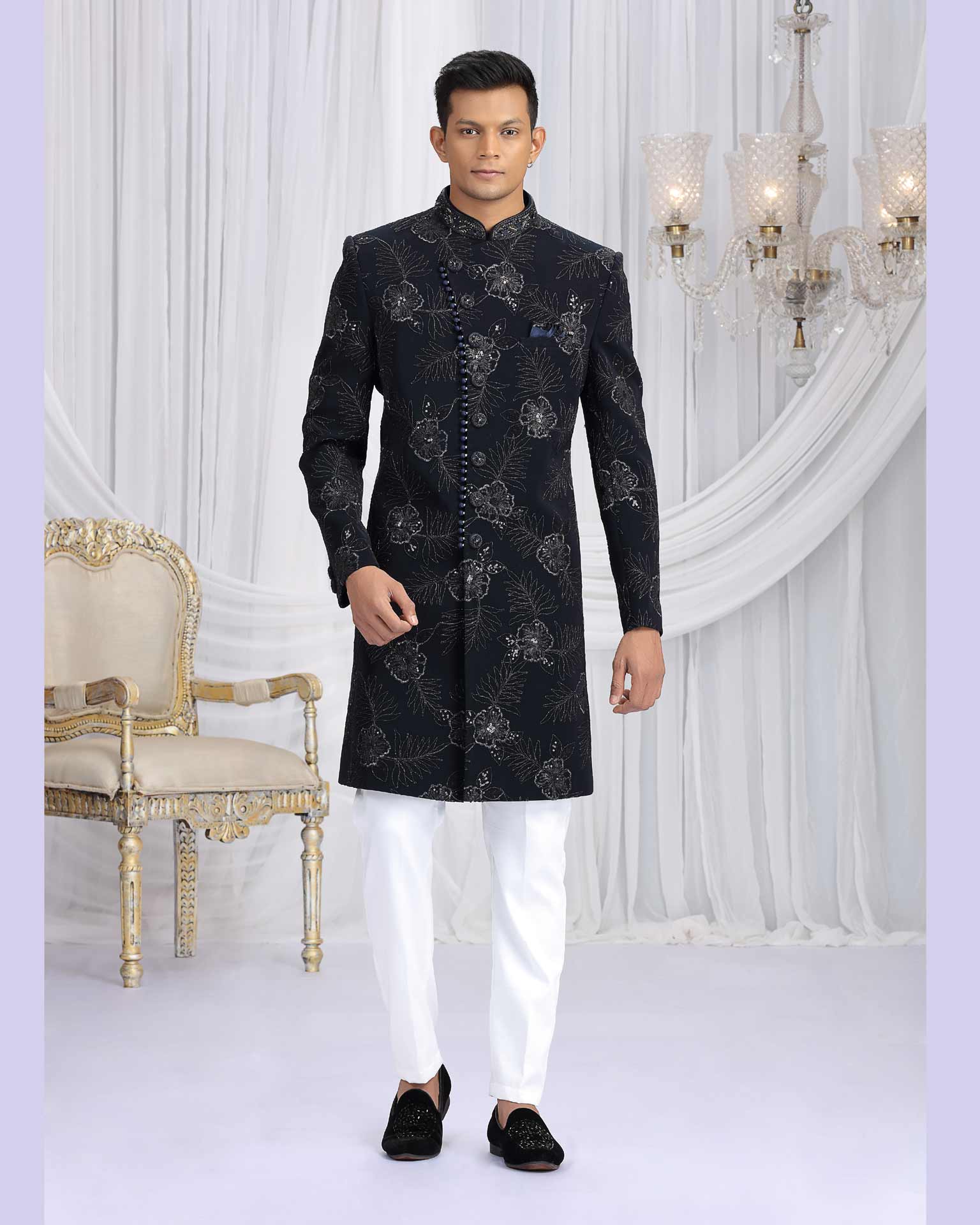 Navy Blue & Off White Art Silk Groom Sherwani Set For Men