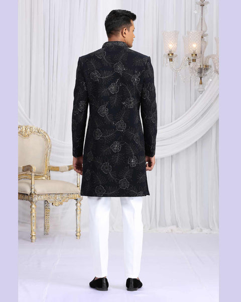 Navy Blue & Off White Art Silk Groom Sherwani Set For Men